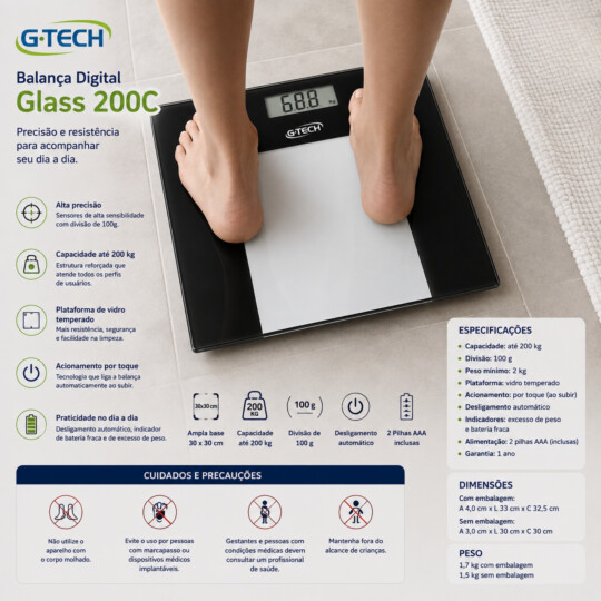 Balança Digital G-Tech Glass 200C Até 200kg Vidro Preto
