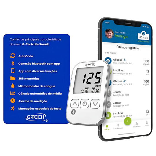Kit Medidor De Glicose Completo Bluetooth G-tech Lite Smart