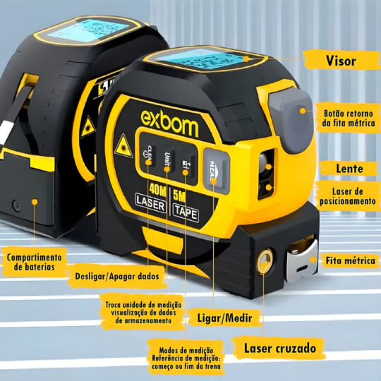 Trena Digital XBOM 3 em 1 Laser 40m com Nível e Fita Métrica
