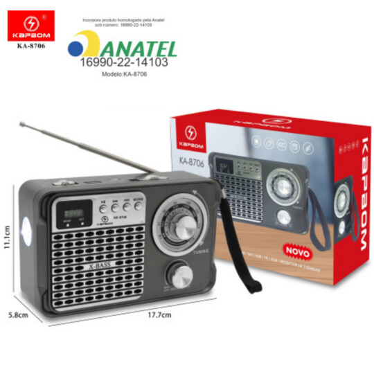 Caixa de Som Bluetooth Retro com Rádio FM/AM e Lanterna KAPBOM - KA-8706