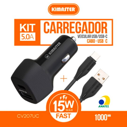 Kit Carregador Veicular 15W Power Drive Auto ID + Cabo USB/USB-C 15W CV207UC