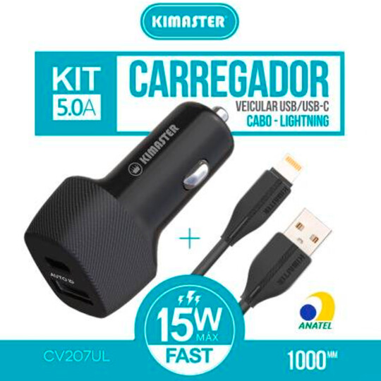 Kit Carregador Veicular 15W Power Drive AUTO ID + Cabo USB/LIGHTNING CV207UL