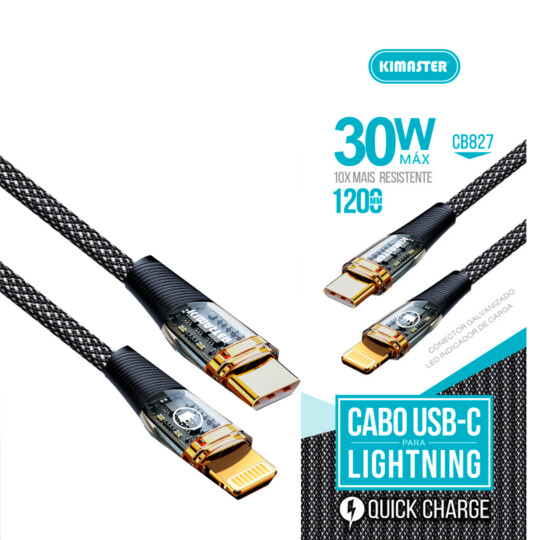 Cabo com LED USB-C/ Lightning 30W Tecido Reforçado CB827
