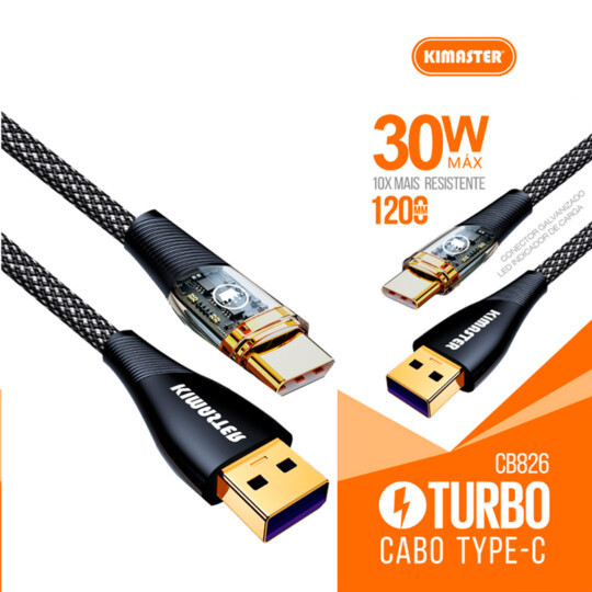 Cabo USB-C 30W com LED e Tecido Reforçado CB826