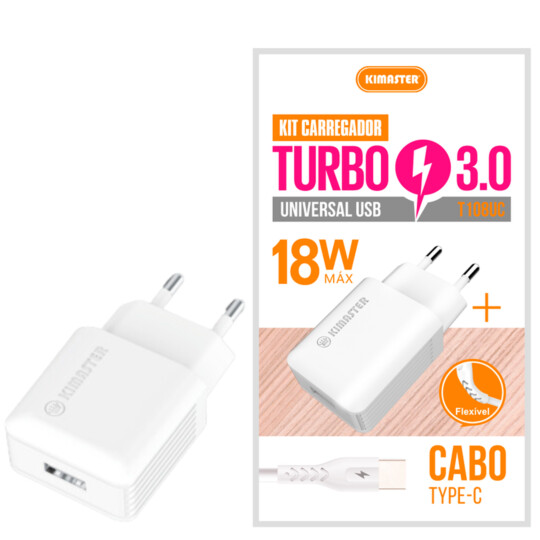 Kit Carregador Turbo 18W + Cabo USB-C 3A T108UC