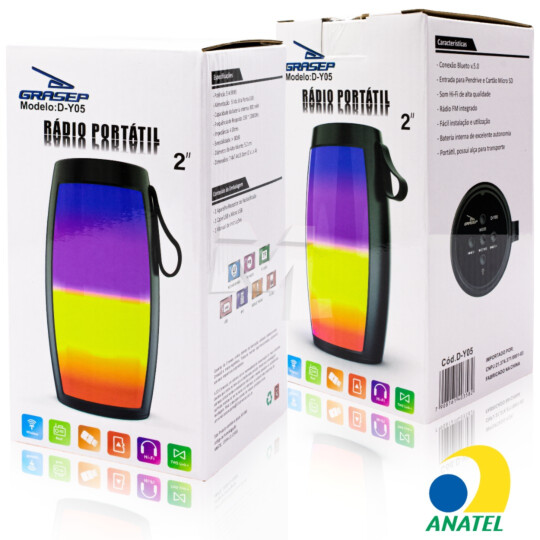 Caixa de Som Bluetooth 5W com Iluminação Led 7.4 x 7.4 x 15 cm GRASEP - D-Y05