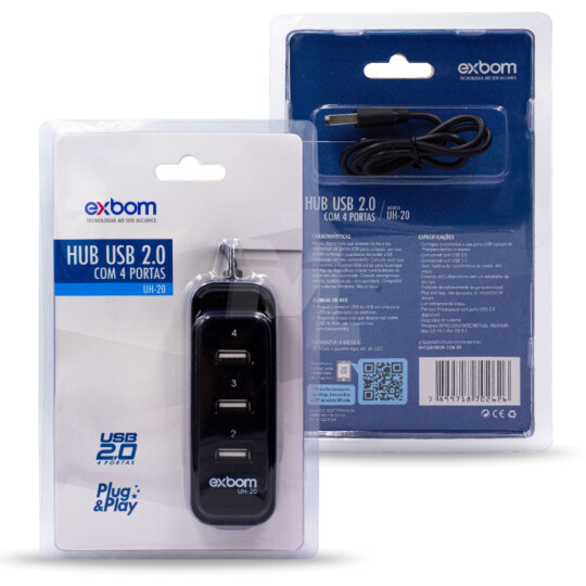 Hub USB 2.0 4 Portas 480Mbps Real com Tampa Slide EXBOM - UH-20