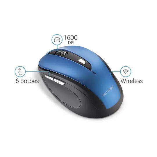Mouse Sem Fio Wireless 2.4ghz Usb Comfort 6 Botões Azul/Preto Multilaser - MO240