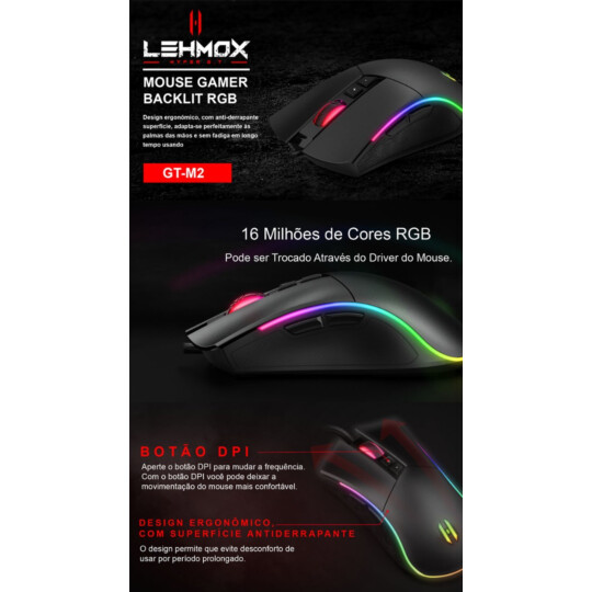 Mouse Gamer Led RGB com Fio e Driver LEHMOX - GT-M2