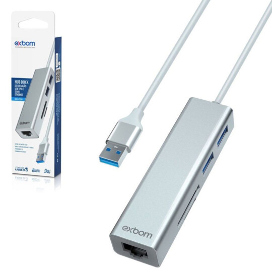 Hub Ethernet RJ45 LAN 100/10mbps com 2 Portas USB 3.0 e Leitor de Cartão Exbom - UHL-R350