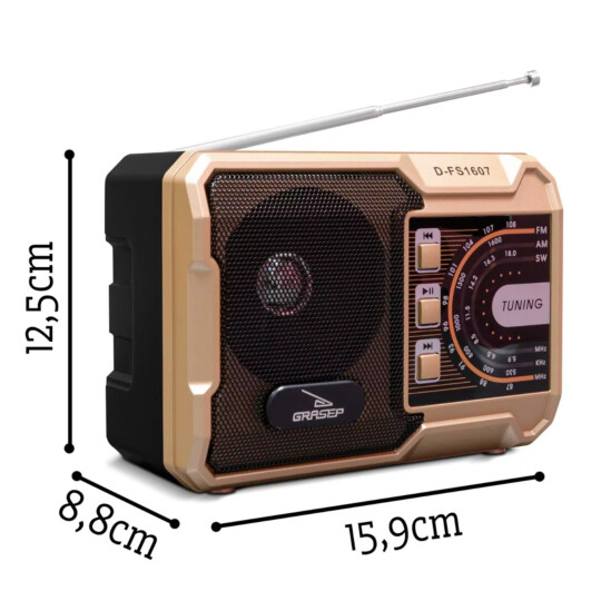 Caixa de Som Bluetooth Retrô Portátil FM/AM com Carregamento Solar GRASEP - D-FS1607