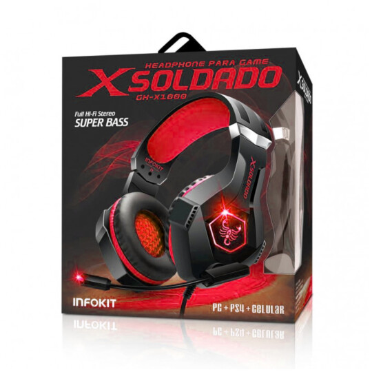 Headset Gamer Scorpion Com Fio Microfone Articulado e Led Rgb Vermelho Infokit - Gh-x1000
