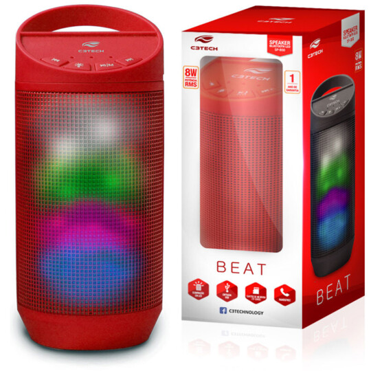 Caixa de Som C3Tech Beat Bluetooth LED Portátil 8w RMS Vermelho - SP-B50RD