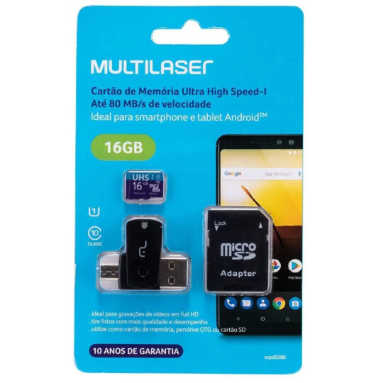 Kit Multilaser 4 em 1: Cartão De Memória + Adaptador USB Dual Drive + Adaptador SD 16GB até 80 Mb/S - MC150