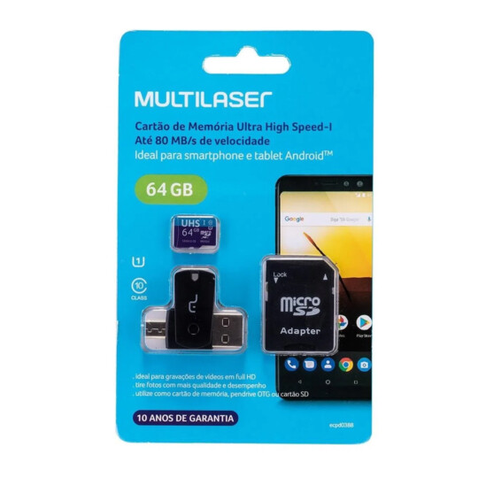 Kit Multilaser 4 em 1: Cartão De Memória + Adaptador USB Dual Drive + Adaptador SD 64GB até 80 Mb/S - MC152