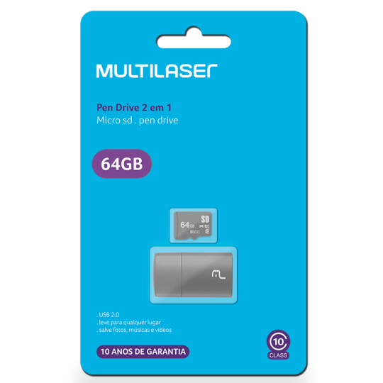 Kit 2 em 1 Multilaser Leitor USB + Cartão De Memória Micro SD  Classe 10 64GB Preto - MC164