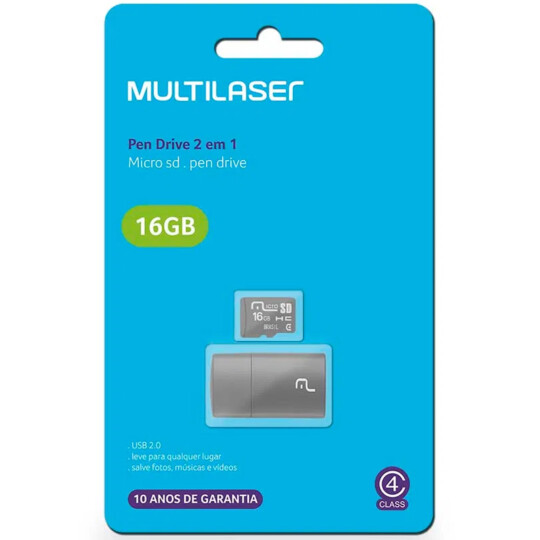 Kit 2 em 1 Multilaser Leitor USB + Cartão De Memória Micro SD Classe 4 16GB Preto - MC172