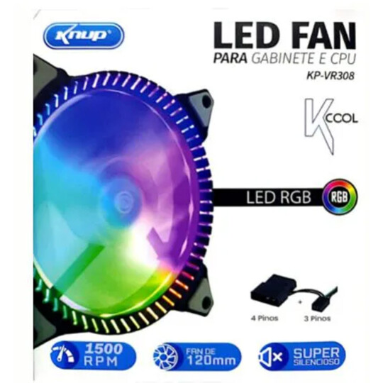 Cooler Fan Led RGB 7 Pinos 120mm p/ Gabinete 1500 Rpm Knup - KP-VR308