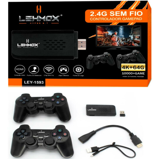 Game Stick 4K Retrô com 2 Controles sem Fio 10.000 Jogos Cartão de Memoria 64Gb LEHMOX - LEY-1593