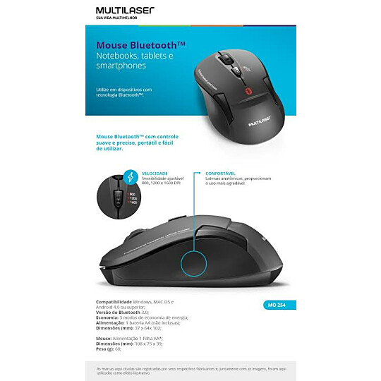 Mouse sem Fio Bluetooth 1600 dpi Preto Multilaser - MO254
