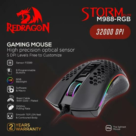 Mouse Gamer Redragon Storm Elite RGB 8 Botões16000 DPI - M988-RGB