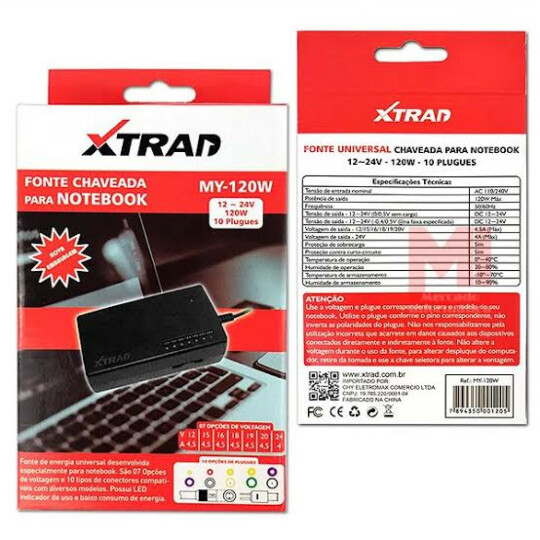 Carregador Para Notebook Universal Adaptador Com 10 Plugs XTRAD - MY-120W