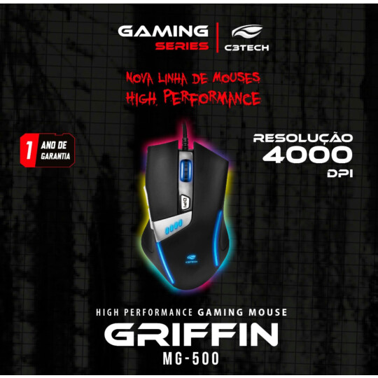 Mouse Gamer Usb Led RGB 4000 dpi Griffin C3Tech - MG-500BK