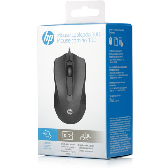 Mouse HP com Fio Usb 1600 DPI Preto - HP 100