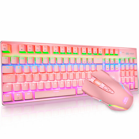 Teclado Mecânico e Mouse Gamer Rosa com Led Chroma KNUP - KP-TE111