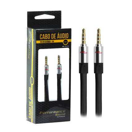 Cabo Auxiliar P2+P2 Premium Estéreo Flat Preto - 2 Metros Chipsce - 018-5770