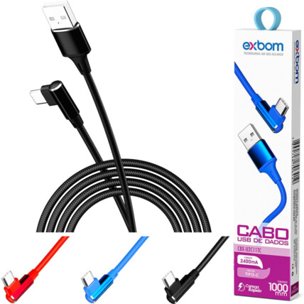 Cabo Tipo C 90° Curvo 2.4A 1 Metro Turbo para Dados e Carregamento 03804 EXBOM - CBX-U2C11TC