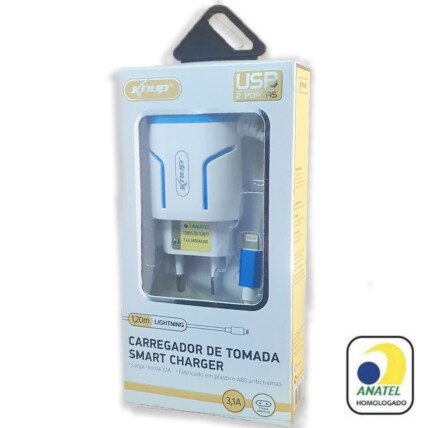 Carregador de Celular 3.1A com 2 Portas Usb e Cabo Ios Lightning Selo Anatel Knup - KP-IC008
