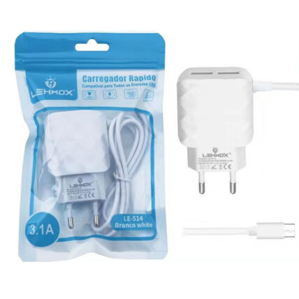 Carregador de Celular 3.1A com 2 Portas USb e Cabo V8 Lehmox - LE-514