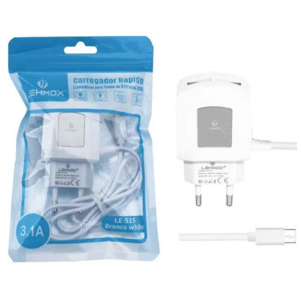 Carregador de Celular 3.1A com 2 Portas USB e Cabo V8 Lehmox - LE-515