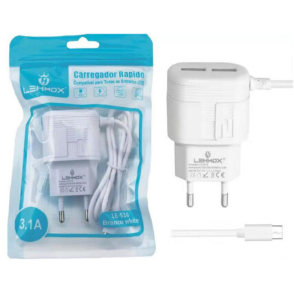 Carregador de Celular 3.1A com 2 Portas USb e Cabo V8 Lehmox - LE-516