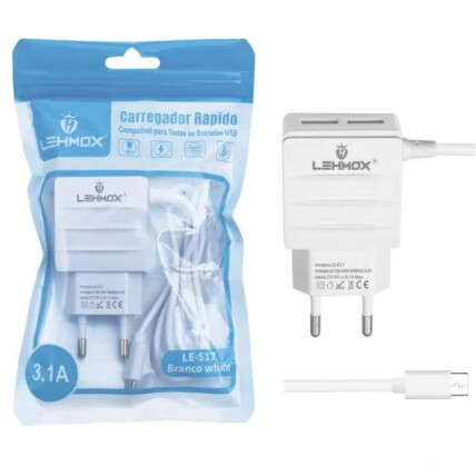 Carregador de Celular 3.1A com 2 Portas USb e Cabo V8 Lehmox - LE-517