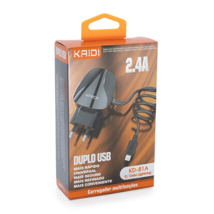 Carregador de Tomada Duplo Usb IOS Lightning Kaidi KD-81A