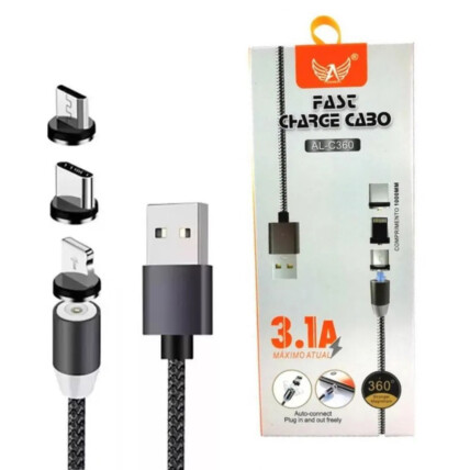 Cabo Magnético 3 em 1 Lightning Type-C e V8 com 1 Metro Altomex - AL-C360