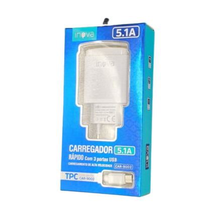 Carregador de Celular 5.1A com 3 portas Usb e Cabo Type C Inova - CAR-9002DD-5.1-TC
