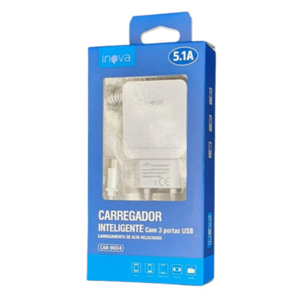 Carregador de Celular 5.1A com 3 Portas Usb e Cabo V8 Inova - CAR-9004-5.1A-V8