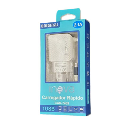 Carregador de Celular 2.1A com Porta Usb e Cabo V8 Inova - CAR--7409-2.1-V8