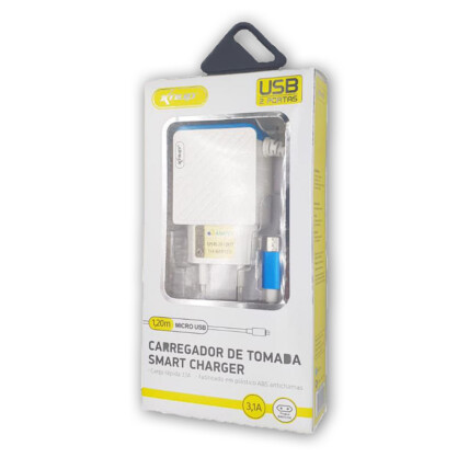Carregador de Celular 3.1A Smart Anatel com 2 Portas Usb e Cabo V8 Knup - KP-IC009