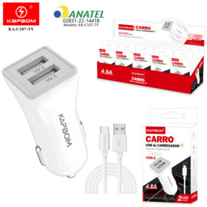 CAIXA FECHADA EXPOSITORA COM 20 UNIDADES Carregador Veicular 4.8A 2 Portas Usb e Cabo Type-C KAPBOM - KA-C107-TY
