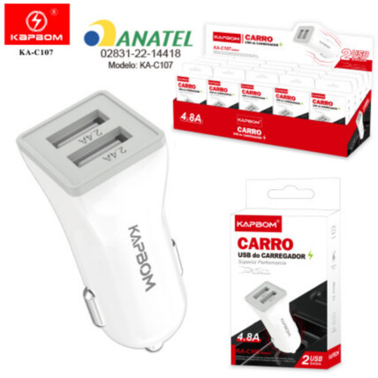 CAIXA FECHADA EXPOSITORA COM 20 UNIDADES Carregador Veicular 4.8A com 2 Portas Usb KAPBOM - KA-C107