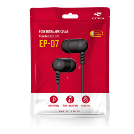 Fone de Ouvido Intra Auricular Branco Embalagem tipo Saquinho C3TECH - EP-07BK S/SN C3T