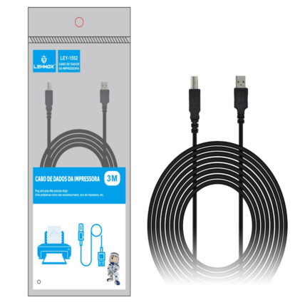 Cabo para Impressora Usb B 3 Metros LEHMOX - LEY-1552