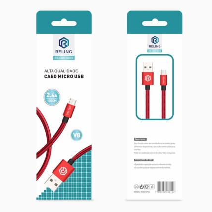 Cabo V8 para Celular 2.4A com 1 Metro RELING - RE-CBO-6009 Reling