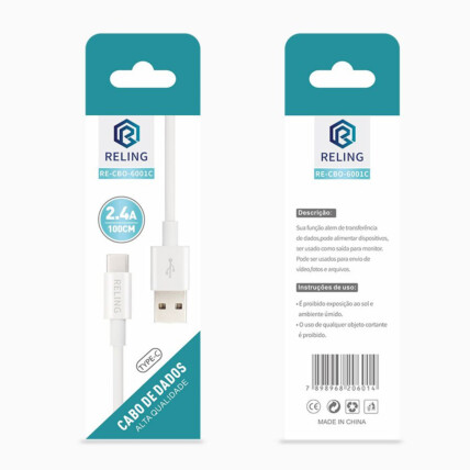 Cabo Type-C para Celular 2.4A com 1 Metro RELING - RE-CBO-6001-C Reling