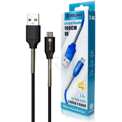 Cabo V8 de Carregamento e Dados Usb 2.4A com 1 Metro - RE-CBO-6103 Reling