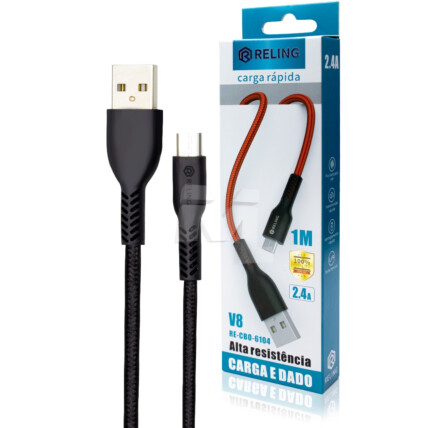 Cabo V8 de Carregamento e Dados Micro Usb 2.A com 1 Metro - RE-CBO-6104 Reling